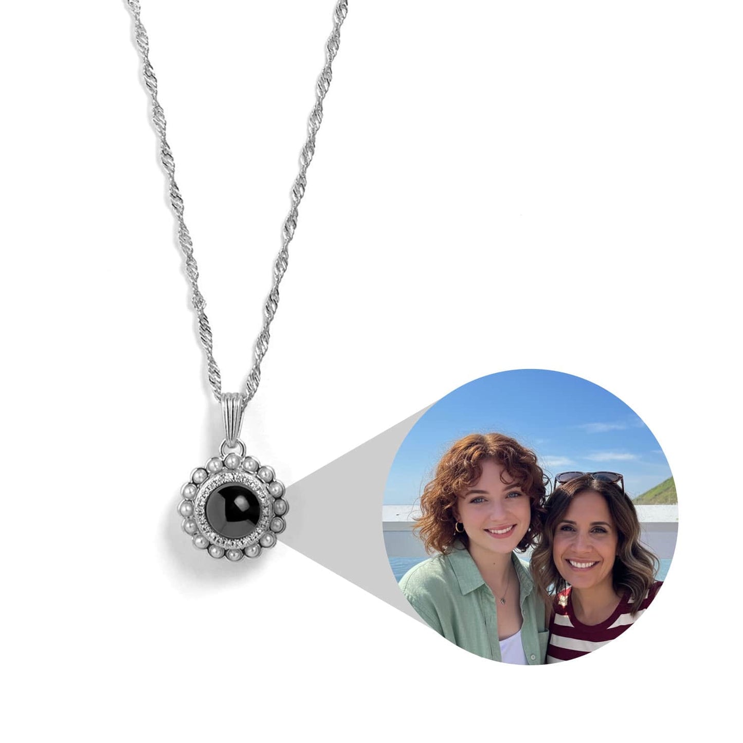 Personalized Pearl Glitz Circle Photo Necklace - Relive Your Memory