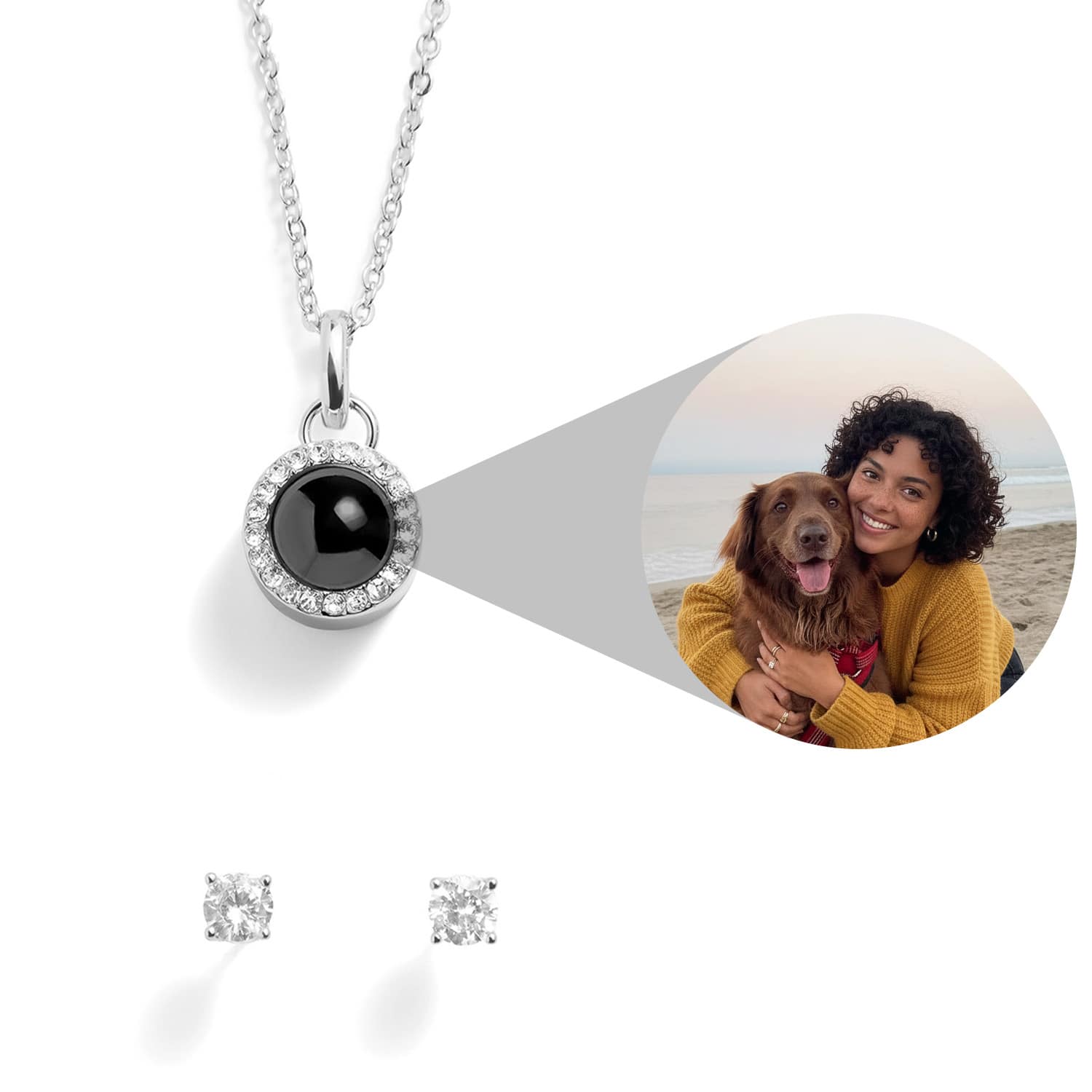 Personalized Pavé Circle Photo Necklace and Earring Gift Set - Relive Your Memory