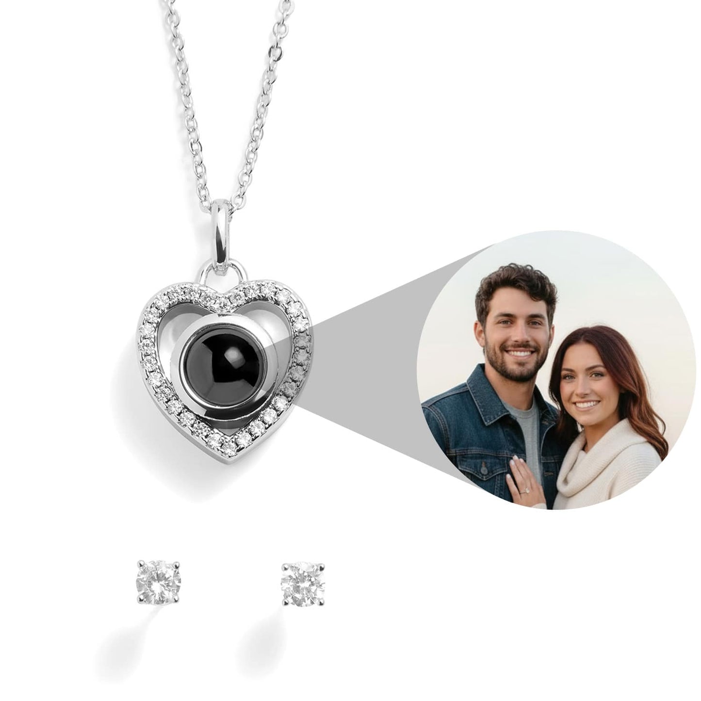 Personalized Pavé Heart Photo Necklace and Earring Gift Set - Relive Your Memory