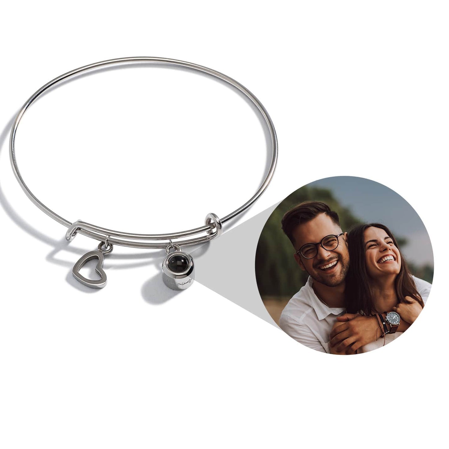 Personalized Photo Bangle With Heart Charm - Relive Your Memory