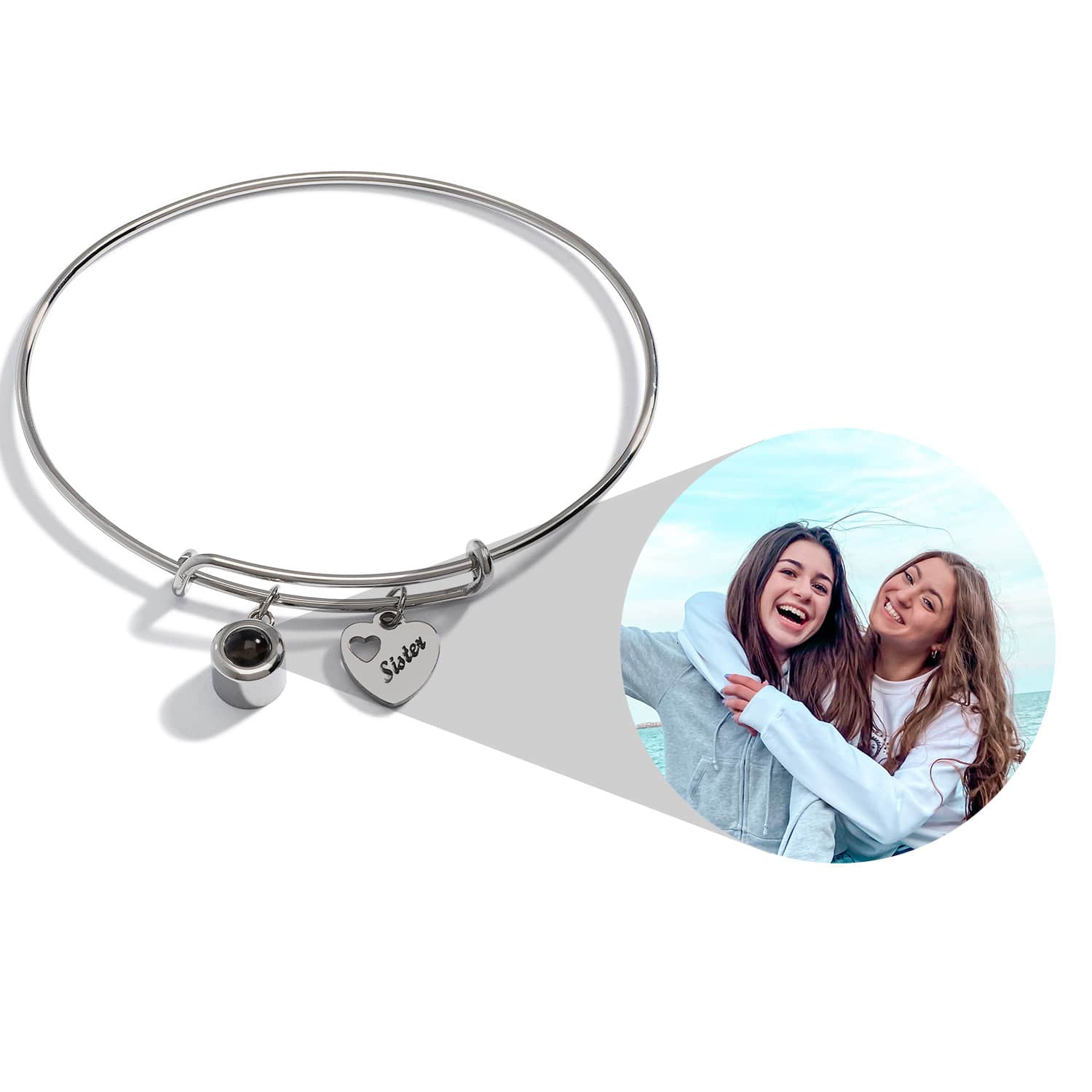 Personalized Photo Bangle With Sister Charm - Relive Your Memory
