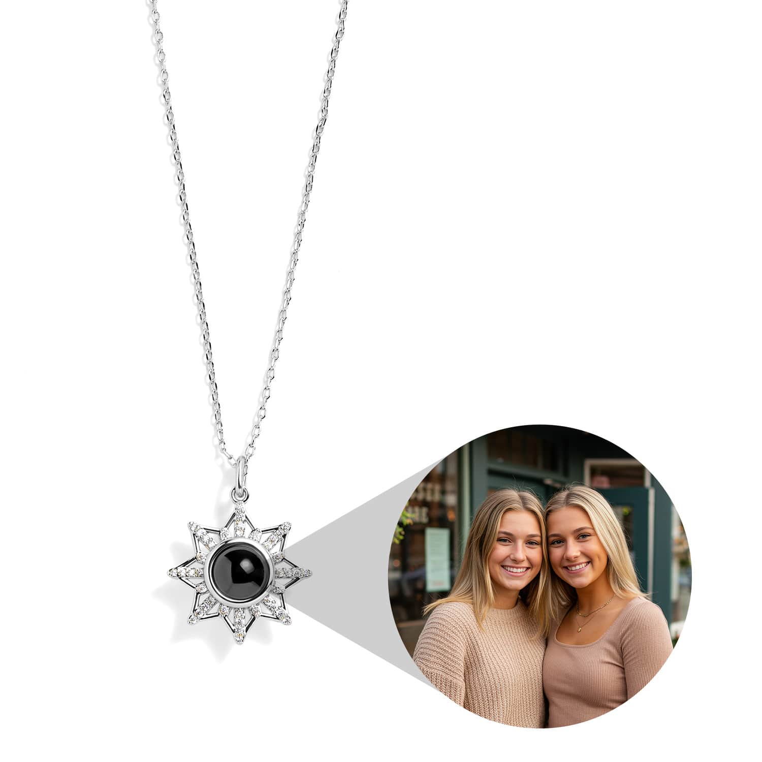 Personalized Pavé Sun Photo Necklace - Relive Your Memory
